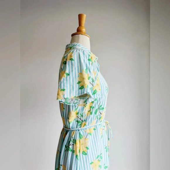 DRAPER JAMES RSVP | Blue and Yellow Floral Striped Linen Blend Dress | M - Picture 4 of 6